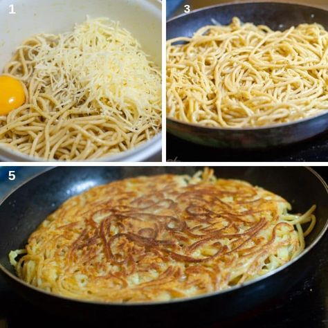 Fried Spaghetti And Eggs, Fried Spaghetti Noodles, Fried Spaghetti Recipe, Leftover Spaghetti Ideas, Leftover Spaghetti Noodles, Elbow Pasta Recipes, Cooked Pasta Recipes, Spaghetti Frittata, Pasta Frittata