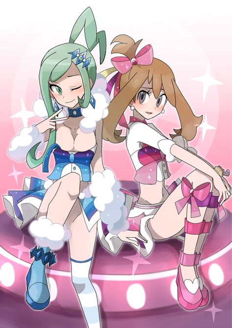 aqua_eyes aqua_hair bare_shoulders black_eyes breasts brown_hair cleavage haruka_(pokemon) haruka_(pokemon)_(remake) highres kuroi_paseri lucia_(pokemon) one_eye_closed pokemon pokemon_(game) pokemon_oras single_thighhigh sitting skirt thigh-highs Lucia Pokemon, Pokemon Lisia, Lisia Pokemon, Pokemon Oras, Nurse Joy, Pokemon Women, Pokémon Oras, Pokémon Games, Magic Shoes