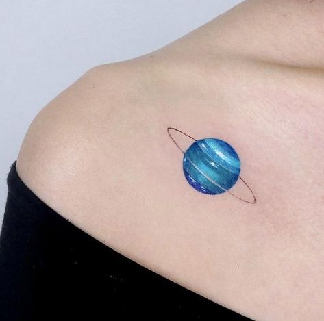 Saturn And Uranus Tattoo, Uranus Saturn Tattoo, Uranus Planet Tattoo, Uranus Tattoo Aquarius, Saturn Tattoo Color, Small Planet Tattoo, Uranus Tattoo, Milo Tattoo, Small Color Tattoo