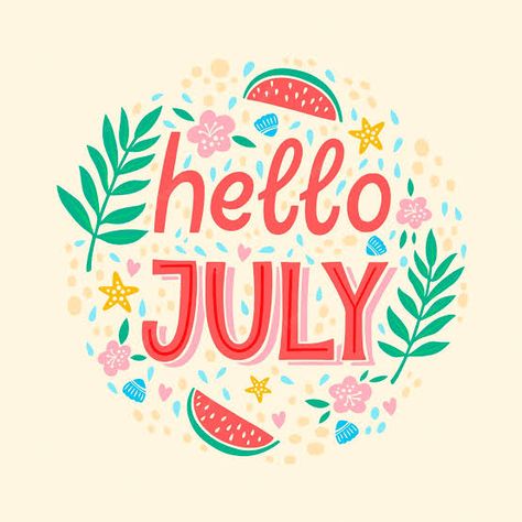 Hello July July Lettering, Blue Aesthetic Vintage, Months Wallpaper, Calligraphy Calendar, July Hello, Foods In Season, July Inspiration, Season Images, Summer Poems