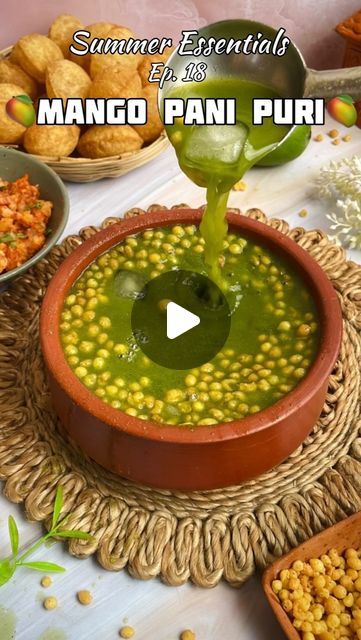 Harshita Choudhary on Instagram: "SUMMER ESSENTIALS  Ep. 18❄️🧊 Mango Pani Puri🥭😋 . Ingredients- 🔺1 Raw Mango/ kacchi kairi  🔺25-30 Mint leaves/ pudina k patte 🔺Handful of Coriander leaves/ dhaniya 🔺4 Green chillies/ hari mirch  🔺1 inch Ginger/ adhrak 🔺Chilled water 🔺1/2tsp Black salt/ kala namak 🔺Regular salt 🔺1/2tsp Roasted cumin powder/ Bhuna hua jeera powder 🔺1/2tsp Black pepper powder/ Kali mirch 🔺1/2tsp Chaat masala 🔺Pinch of asafoetida/ Hing 🔺Boondi 🔺Ice cubes  You’ll need to adjust the quantities of spices according to your taste buds and the quantity you are making.  Alternatively, you can use readymade pani puri masala which is easily available in the market.  . Keep following @yummy_tummy25 for more such recipes. . . {pani puri, gol gappe, street food, pani puri Golgappa Serving Ideas, Pani Puri Table Setup, Mango Pani Puri, Pani Puri Water Recipes, Pani Puri Pani Recipe, Gol Gappe Recipe, Diwali Punjabi, Food Pani Puri, Pani Puri Water