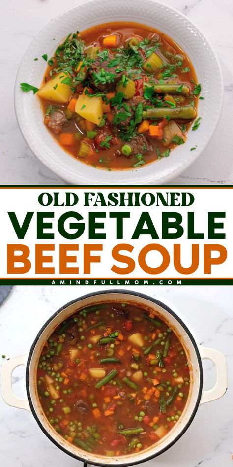 Old Fashioned Vegetable Beef Soup recipe is the ultimate comforting soup! Made with tender chunks of beef and a rich broth filled with perfectly cooked vegetables, this recipe is elevated with a few key ingredients to deliver the best ever Vegetable Beef Soup recipe! Vegatable Beef Soup, Beef Broth Soup Recipes, Veg Beef Soup, Old Fashioned Vegetable Beef Soup, Soup With Beef Broth, Crockpot Vegetable Beef Soup, Easy Veggie Soup, Steak Soup Recipes, Beef Veggie Soup