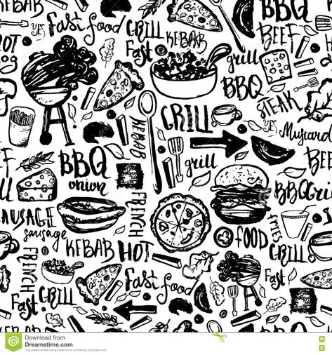 BBQ Barbecue Grill Doodle Seamless Pattern. Colorful BBQ Design With Hand Drawn Lettering For Wrapping, Banners And Stock Vector - Illustration of meal, isolated: 79579589 Bbq Restaurant Design, Brewery Decor, Bbq Design, Fast Food Logos, Grill Sandwich, Small Restaurant Design, Grill Logo, Design Grill, Restaurant Themes