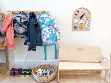 7 tips to get out the door on time - Montessori in Real Life Toddler Self Care Station, Montessori Entryway, Self Care Station, School Week, Montessori Ideas, Routine Chart, Drop Zone, Home Daycare, Montessori Classroom