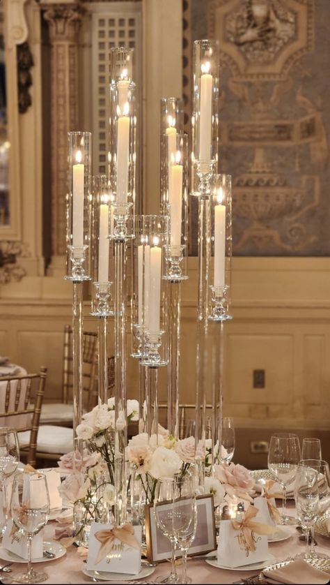 High Candle Centerpieces Wedding, Old Money Centerpiece, Old Money Style Wedding, Red And Champagne Wedding, Candle Centerpieces Wedding, Candelabra Centerpieces, Old Money Wedding, Candelabra Centerpiece, Money Wedding