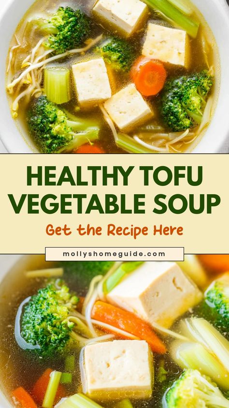 Warm up on a chilly evening with a delicious and nutritious tofu vegetable soup. Packed full of flavor and wholesome ingredients, this soup is perfect for satisfying comfort food cravings while still maintaining a healthy balance. Whether you're vegan, vegetarian, or simply looking to add more plant-based meals to your diet, this tofu vegetable soup is sure to become a favorite in your household. Yummy Vegetable Soup, Tofu Mushroom Soup, Soup With Tofu Recipes, Vegetable Miso Soup, Tofu Vegetable Soup, Tofu In Soup, Tofu Soup Recipes, Roasted Veggie Soup, Tofu Noodle Soup