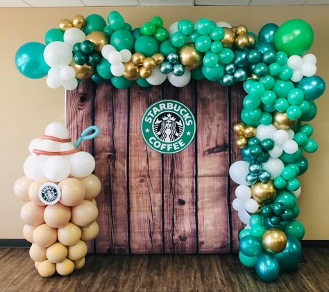 Starbucks Balloon Arch, Starbucks Birthday Backdrop, Starbucks Balloon Garland, Starbucks Balloon Decorations, Starbucks Balloons, Starbucks Birthday Party Decorations, Starbucks Baby Shower Ideas, Starbucks Party Decorations, Starbucks Decorations