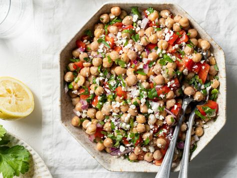 Lemony Chickpea-Feta Salad - Kosher.com Chickpea Tahini, Chickpea Feta Salad, Chickpea Feta, Kosher Kitchen, Breakfast Appetizers, Light Salad, Feta Salad, Grain Foods, Recipe Roundup