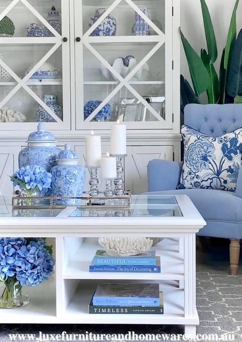 (paid link) Beautiful Cheap DIY Wood Coffee Table Ideas Hamptons Style Living Room, Blue And White Decor, Blue And White Living Room, Luxe Furniture, Unit Design, Blue White Decor, Square Coffee Table, Trends 2023, Hamptons Style