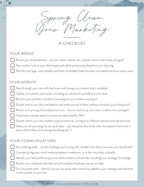 Business Audit Checklist, Spring Marketing Ideas Business, Social Media Audit Checklist, Brand Audit Checklist, Website Audit Checklist, Life Audit Checklist, Brand Audit, Website Checklist, Marketing Audit