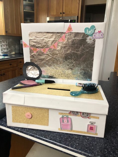 Makeup and hair vanity valentines day box for kids. School valentines day box. Cardboard Vanity Diy, Makeup And Hair Vanity, Vanity Valentines Boxes, Kids School Valentines, Valentines Day Box, Valentine Boxes For School, Hair Vanity, Valentine Card Box, School Valentines