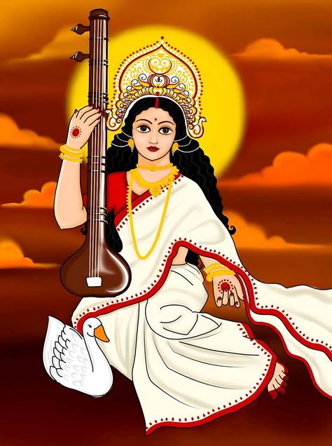 Ma Saraswati Painting, Saraswati Puja Painting, Saraswati Thakur Drawing, Ma Saraswati Images, Saraswati Illustration, Maa Saraswati Painting, Saraswati Maa Drawing, Maa Saraswati Drawing, Saraswati Thakur