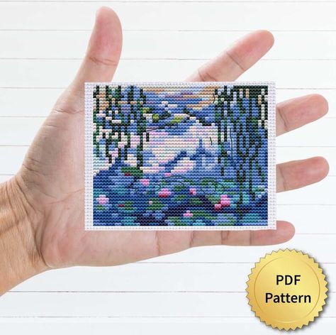 Monet Cross Stitch, Unique Cross Stitch, Monet Water Lilies, Tiny Cross Stitch, Monet Art, Tapestry Crochet Patterns, Gifts For Art Lovers, Alpha Patterns, Cross Stitch Charts