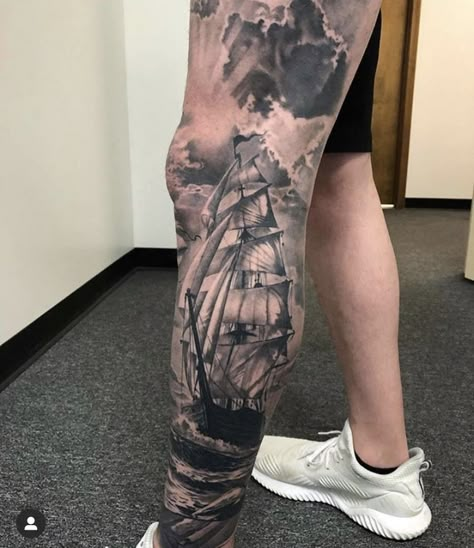 Ship Tattoo Sleeves, Calf Sleeve Tattoo, Sailing Tattoo, Nautical Tattoo Sleeve, Calf Tattoo Men, Pirate Ship Tattoo, The Best Tattoos, Pirate Tattoo, Sea Tattoo