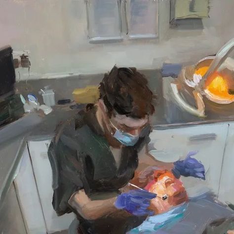 Rob Pointon ROI on Instagram: "Root Canal A friend of mine works in a dentist and helped arrange access for me to paint this and even her dad in the chair. Great fun, I shouldn't get so excited by painting in places you shouldn't Day5 @strada.easel challenge #stradaeaselchallenge #stradaeasel #stradaeaselchallenge2024 #paintingjanuary #dentist #dentistry #rootcanal #northernboysart #pleinair #art #landscapepainting #paintanyway #royalinstituteofoilpainters #paintingoftheday #artlovers #fineart #instaart #oilpainting #artwork #pleinairpainter #impressionism #artistsoninstagram #oilsketch #allaprima #britpleinair #northernart #britishartist #pleinairmag #realismtoday #arts_promote" Dentistry Painting, Fun Oil Paintings, Dentist Painting, Dentistry Art, Dentist Ideas, Dentist Art, Anime Canvas Art, Root Canal, Anime Canvas