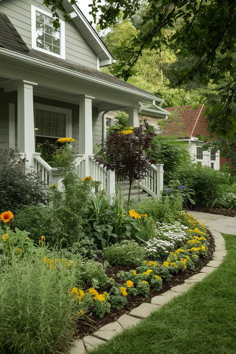 Beautiful & Edible Flower Bed Ideas 🌷 Middle Yard Flower Bed, Edible Front Yard Landscaping, Florida Cottage Landscaping, Front Yard Edible Landscaping, English Cottage Garden Front Yard, Garden Bed Ideas Front Of House, Flower Bed Shapes, Flower Beds In Front Of House, Flower Bed Designs Layout