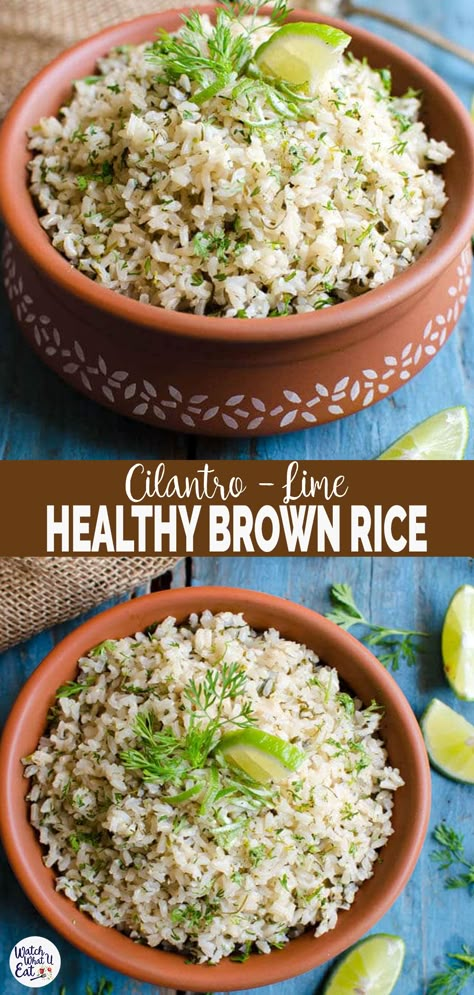 This healthy cilantro lime brown rice pairs perfectly with many Mexican dishes. You will love this Mexican inspired simple and easy rice recipe. Also, it is vegan and gluten-free. | #watchwhatueat #brownrice #Mexican #healthyrecipe Cilantro Lime Brown Rice And Quinoa, Chipotle Cilantro Lime Rice, Lime Brown Rice, Cilantro Lime Brown Rice, Healthy Brown Rice, Daniels Fast, Daniel Fast Recipes, Brown Rice Recipes, Easy Rice