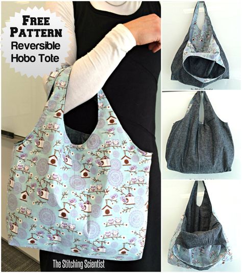 Reversible Hobo Tote with Free Pattern #freesewingpattern #sewing #hobobagpattern #diy #hobo Hobo Bag Patterns, Sacs Tote Bags, Sew Ins, Sewing Purses, Bags Tutorial, Purse Patterns, Tote Bag Pattern, Fabric Bags, Sewing For Beginners