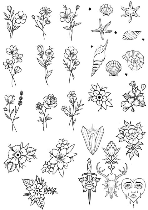 Mini Tattoos Flower Simple, Simple Flash Tattoo Designs, Tattoo Ideas Template, Simple Floral Tattoo Design, Simple Flowers Tattoo, Floral Tattoo Design Simple, Simple Flower Tattoo Designs, Simple Flower Drawings, Leaves Tattoo Design