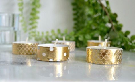 Walmart Candles, Diy Washi Tape Crafts, Washi Tape Dispenser, Frosted Mason Jars, Gold Washi Tape, Diy Confetti, Washi Tape Diy, Easy Candles, Tealight Candles