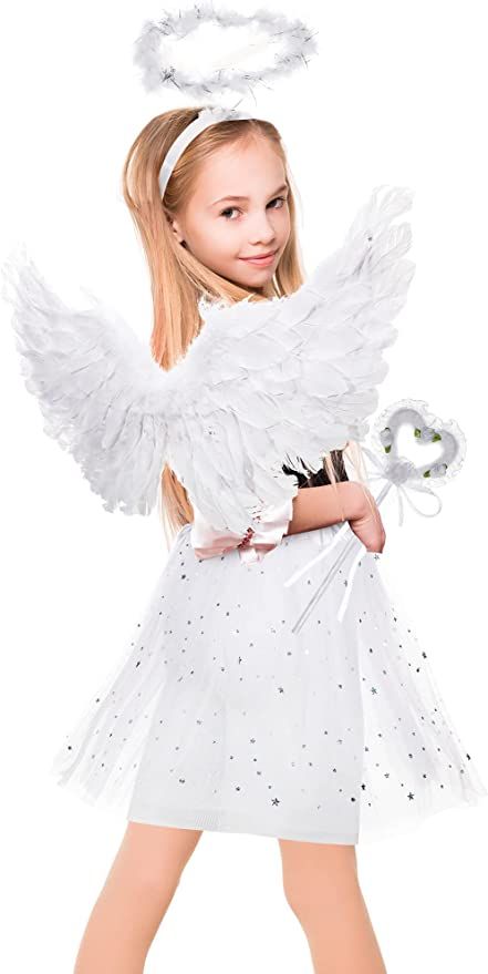 Kids Angel Costume, Girls Angel Costume, Halo Costume, Angel Halloween Costumes, Angel Halo, Halloween Costumes For Teens Girls, Baby Costumes Girl, Feather Angel Wings, Halloween Costumes For 3