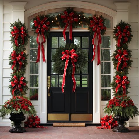 entrance christmas - wreaths with ribbons Outdoor Porch Railing, Christmas Decor Ideas Outdoor Porch, Christmas Decor Ideas Outdoor, Front Door Christmas Decorations, Church Decorations, Christmas Flower Arrangements, Porch Railing, Christmas Front Porch, Christmas Themes Decorations