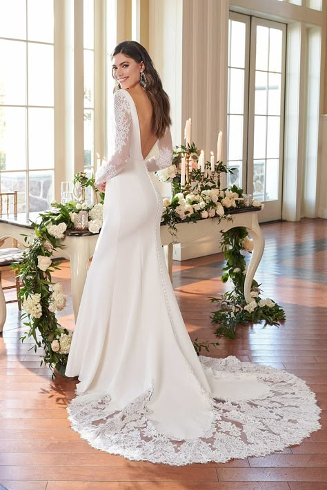 Sincerity Bridal - Style 44291: Square Neck Stretch Crepe Dress with Low Back and Cutout Train Sincerity Bridal Wedding Dresses, Dress With Low Back, Sincerity Bridal, Bella Bridal, Bridal Gown Styles, Lillian West, Crepe Wedding Dress, Justin Alexander, Fit And Flare Wedding Dress