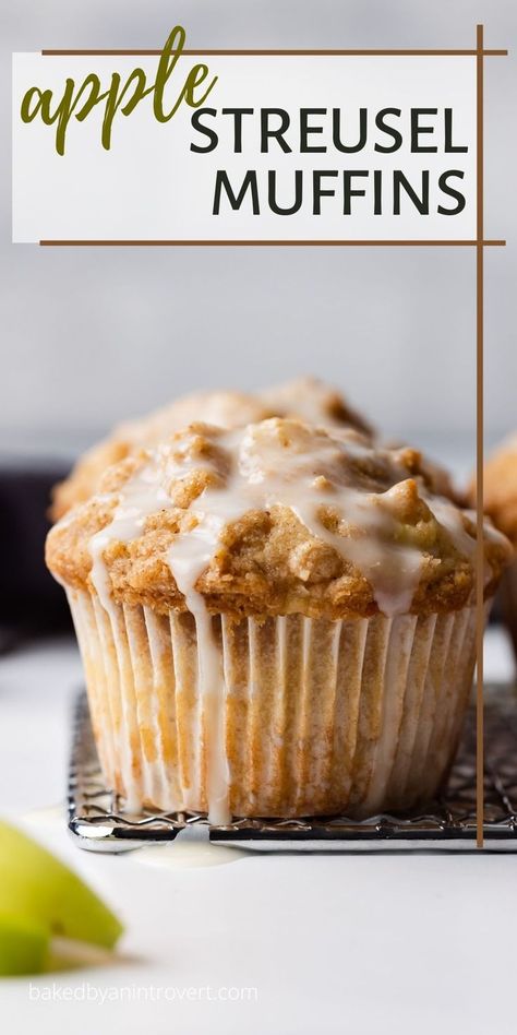 Two apple streusel muffins topped with glaze Apple Streusel Muffins, Apple Muffin Recipes, Apple Streusel, Apple Cinnamon Muffins, Muffin Streusel, Apple Muffins, Homemade Muffins, Breakfast Muffins, Pastry Recipes