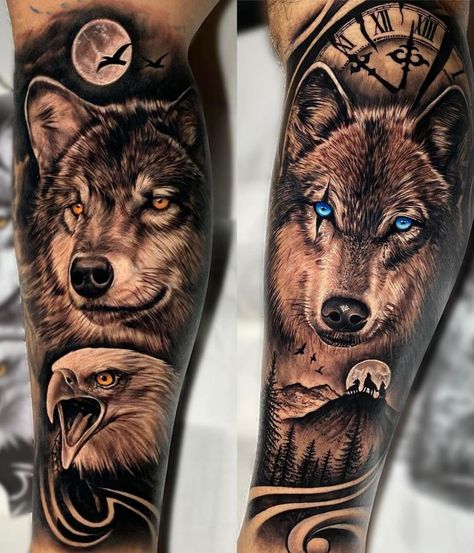 Womens Half Sleeve Tattoo, Half Sleeve Tattoos Wolf, Half Sleeve Tattoo Upper Arm, Wolf Girl Tattoos, Womens Half Sleeve, Wolf Tattoo Forearm, Watercolor Wolf Tattoo, Tattoo Upper Arm, Husky Tattoo