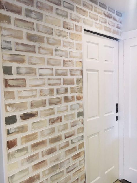 Faux Brick Wall: Step-By-Step Tutorial – Two Paws Farmhouse Diy Faux Brick Wall, Faux Brick Backsplash, Fake Brick, Faux Brick Wall, Brick Accent Walls, Faux Brick Panels, Accent Wall Stencil, Kitchen Decor Wall, Faux Brick Walls