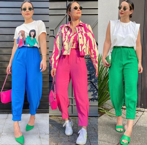 Colourful Work Outfit, Casual Outfits Colorful, Neon Outfit Ideas, Bright Winter Outfits, Vest Outfits For Women, Curvy Casual Outfits, Colorful Pants, Colour Blocking Fashion, Colorful Wardrobe