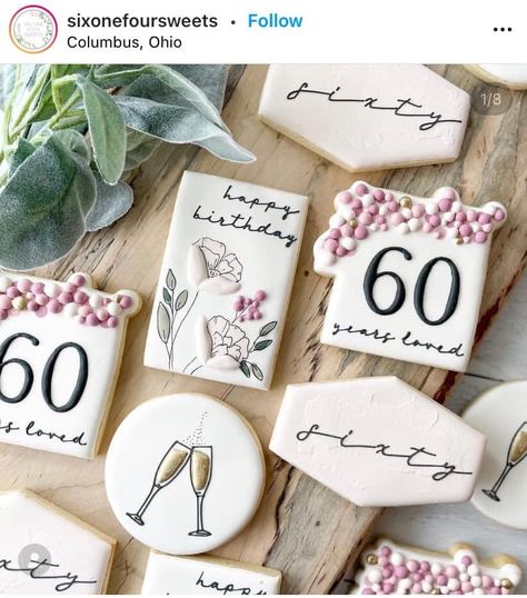 60th Birthday Theme, Birthday Lady, Flower Sugar Cookies, Happy Birthday Cookie, Cookies Theme, 60th Birthday Cakes, Sugar Cookie Royal Icing, Personalized Cookies, Sugar Cookie Designs