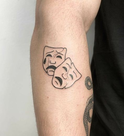 Theater Tattoos, Theatre Masks Tattoo, Clown Face Tattoo, Drama Faces, Masks Tattoo, Theater Mask Tattoo, Theatre Tattoo, Pine Tattoo, Small Meaningful Tattoos For Women