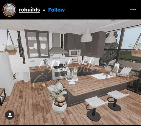 Block Burg Kitchen Ideas, Blocks Burg House Ideas, Bloxburg Lounge Ideas, Cute Aesthetic Kitchen, Blocksburg House, Bloxburg Rooms, Bloxburg Building, House Decorating Ideas, Roblox House