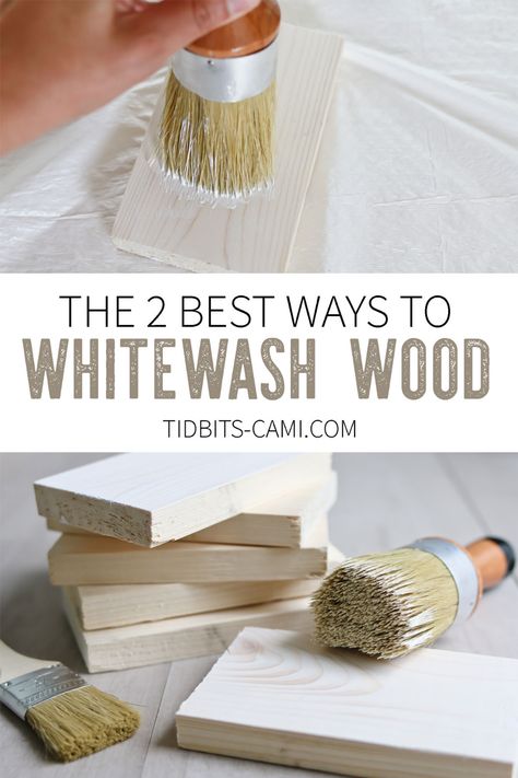 How to Whitewash Wood | 2 Techniques to Get the Look. Find out why pine is the best choice for whitewashed wood. #camitidbits #whitewash #whitewashwood #pinewood #whitewashedpine #diy #diywhitewash #painting #staining #picklingstain How To White Wash Pine Wood, Whitewash Pine Wood, Whitewash Pine Furniture, Whitewash Dining Table Diy, White Wash Pickling Stain Wood, How To Paint Wash Wood, White Wash Pine Wood, Pine Dressers, How To Whitewash Furniture