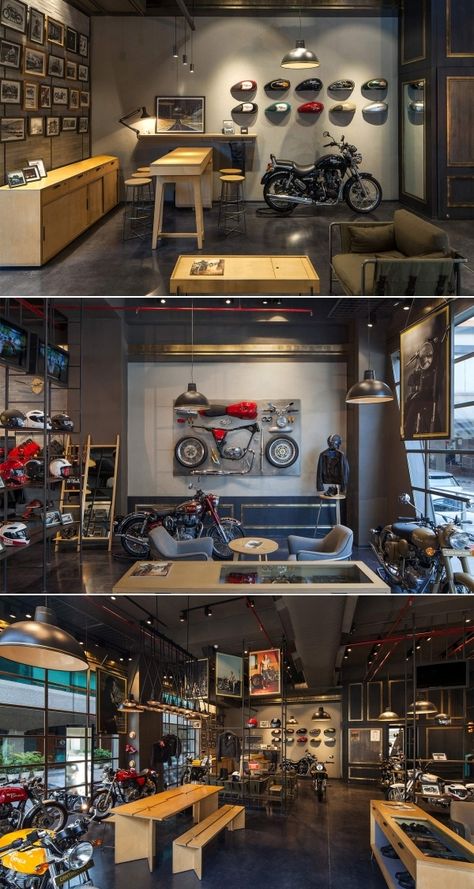 Royal Enfield bike Showroom Motorcycle Furniture Ideas, Bike Shop Interior Design, Motorcycle Showroom Interior, Motorcycle Showroom Design, Motorbike Workshop, Exhibitions Ideas, Royal Enfield Bike, Cars Showroom, Bike Showroom