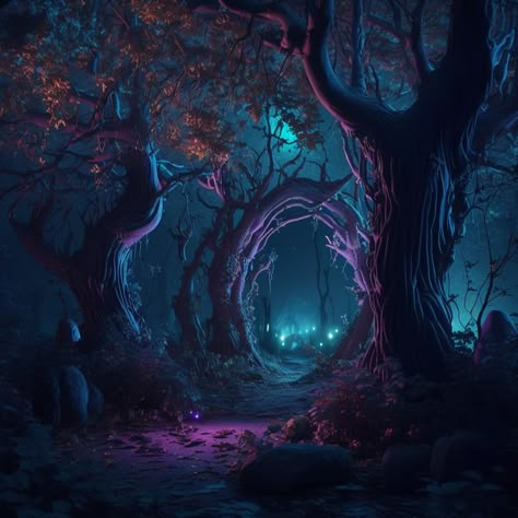 Feywild Dnd Landscape, Mystic Forest Art, Dark Feywild Aesthetic, Faewild Forest, Fantasy Night Forest, Dark Mystical Forest, Feywild Aesthetic, Dark Fantasy Forest, Spooky Landscape