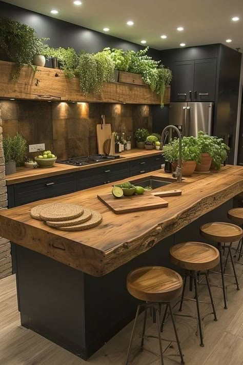 Sustainable Kitchen Ideas, Best Kitchen Ideas Interior Design, Forest Kitchen Theme, Nature Kitchen Aesthetic, Eco Kitchen Design, Forest Themed Kitchen, Home Upgrade Ideas, Gourmet Kitchen Ideas, Chef Kitchen Ideas