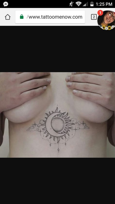 Sun Tattoo Chest Women, Moon Underboob Tattoo, Sun Sternum Tattoo Women, Moon Sternum Tattoo Women, Sun Underboob Tattoo, Sun And Moon Sternum Tattoo, Sun And Moon Spine Tattoo, Sun Chest Tattoo, Moon Sternum Tattoo