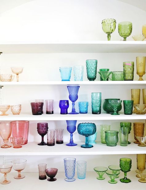 In Progress—Elsie’s Rainbow Glassware Collection! – A Beautiful Mess Rainbow Glassware, Glassware Display, Elsie Larson, Bohemian Modern Style, Colored Glasses, Bohemian Modern, Colored Glassware, Glass Cups, Glassware Collection