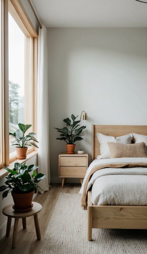 Ways to Incorporate Scandinavian Natural Elements and Minimalism Decor into Your Bedroom for a Cozy, Calm Space - Dormouse Life Nature Scandinavian Interior, Scandinavian Eclectic Bedroom, Clean Airy Bedroom, Cozy Scandinavian Bedroom Ideas, Transitional Style Bedroom Inspiration, Zen Bedroom Colors, Non White Bedding, Scandavian Bedroom, Minimalist Master Room