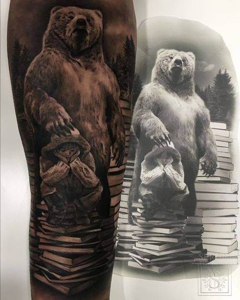 Black And Grey Bear Tattoo, Bear Tattoos For Men Forearm, Grizzly Bear Tattoos For Men, Bear Tattoos For Men, Grizzly Bear Tattoos, Tattoo Bear, Outdoor Tattoo, Beer Tattoos, Cubs Tattoo