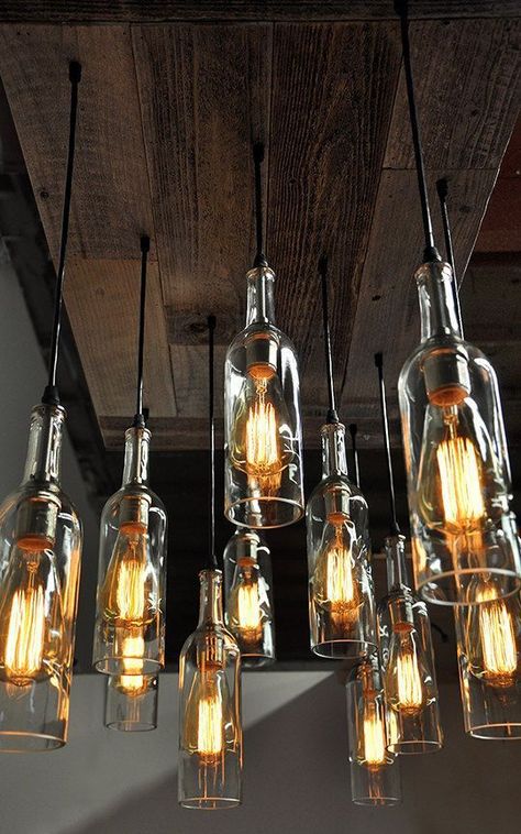 40 Gorgeous Images To Reuse Wine Bottle Into DIY Projects - EcstasyCoffee ขวดโหล Mason Jar, Wine Bottle Chandelier, Bottle Chandelier, Recycled Wine Bottles, Diy Lampe, Restaurant Lighting, Industrial Lamp, Chandelier Design, Bottle Lights