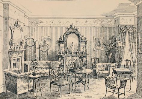 Victorian Drawing Room, Edwardian Architecture, Room Drawing, Victorian Interior, Victorian Interiors, Edwardian House, Design Room, Antique Interior, Arte Sketchbook