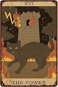 Vintage Cat Tin Sign Retro Tarot Card Metal Sign Poster Wall Art Decor Bathroom Dorm Room Home Decor - Tower The Tower Tarot Card, Tarot Cards Art Illustration, The Tower Tarot, Pictures Wall Decor, Wall Decor Prints, Pictures Wall, Witchy Wallpaper, Black Cat Art, Tarot Cards Art