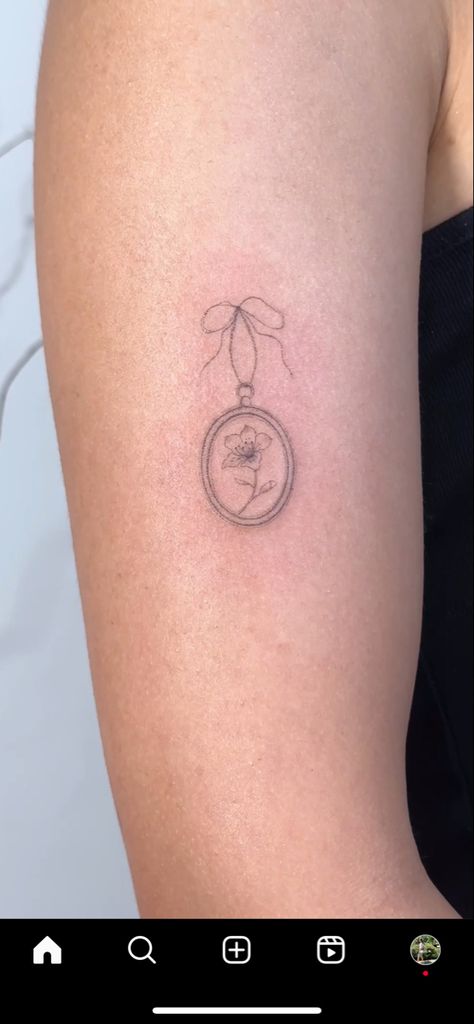 Hand Bell Tattoo, Tiny Tattoo Arm Sleeve, Dainty Sticker Tattoos, Dainty Clock Tattoo, March Birth Tattoo Ideas, Tiny Mirror Tattoo, Dainty Tattoos For Lost Loved Ones, Small Grandma Tattoo, Dainty Tattoo Ideas For Women