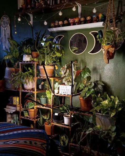 Plant Room Dark Academia, Whimsigoth Bedroom, Plants And Crystals Aesthetic Room, Trippy Plant Room Aesthetic, Houseplants Aesthetic Dark, Trippy Cottage Core Bedroom, Witchy Room, Garden Room Ideas, Room Redesign