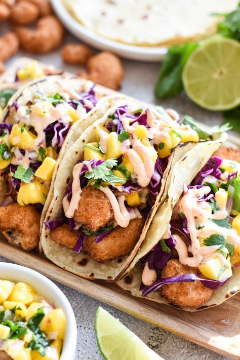 Boom Boom Shrimp Tacos will whisk you away to a tropical paradise - shells topped with crunchy shrimp, mango salsa, and boom boom sauce! Boom Boom Shrimp Tacos, Boom Boom Shrimp, Boom Sauce, Boom Boom Sauce, Crunchy Shrimp, Shrimp Mango, Polynesian Sauce, Dance Around The Kitchen, Pizza Tacos