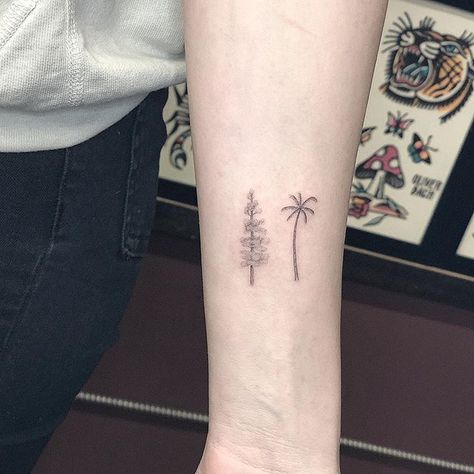 Pine & palm tree     #sanfranciscotattoo#losangelestattoo#singleneedle#finelinetattoo Nature Tattoos For Women, Small Nature Tattoos, California Tattoos, Small Nature Tattoo, Pine Tattoo, Bali Tattoo, Mother Nature Tattoos, California Tattoo, Cactus Tattoo