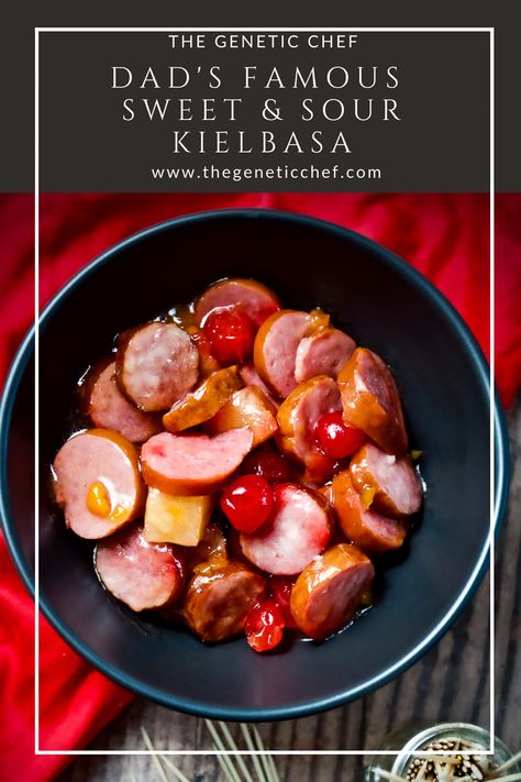 Dad’s Famous Sweet and Sour Kielbasa will be the hit at any gathering. With just 4 ingredients, this is one of the simplest appetizers to make and also the most requested for every party. #kielbasa #appetizers #sweetsourkielbasa #partyfood #appetizers | @thegeneticchef Hawaiian Kielbasa, Sweet And Sour Kielbasa, Homemade Pumpkin Spice Creamer, Luau Food, Pumpkin Spice Creamer, Crockpot Appetizers, Pumpkin Spice Coffee, Kielbasa, Easy Appetizer Recipes